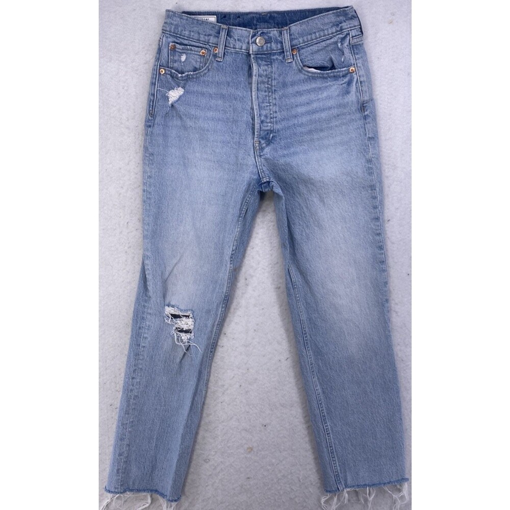 GAP High Rise Cheeky Straight Jeans Womens 28 / 6 R Distressed Denim Raw Hem